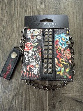 NWT Ed Hardy Black Tattoo-Print Studded Wallet with Chain